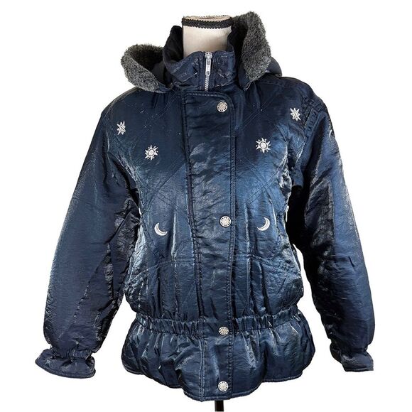 Vintage Celestial Puffer Jacket | Navy Blue Faux Fur Hood – Y2K Moon & Sun - Picture 1 of 12
